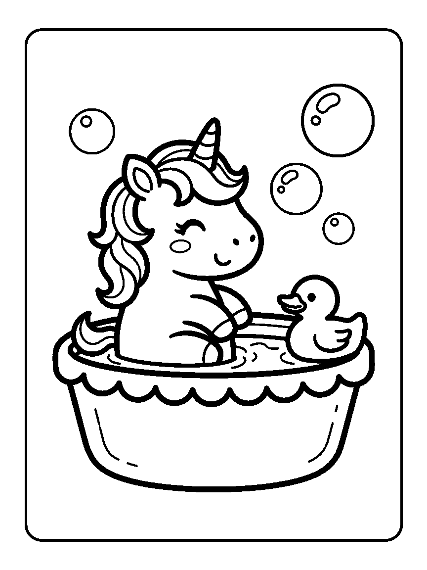 Coloring page of a unicorn in a scalloped tub with a duck toy and bubbles