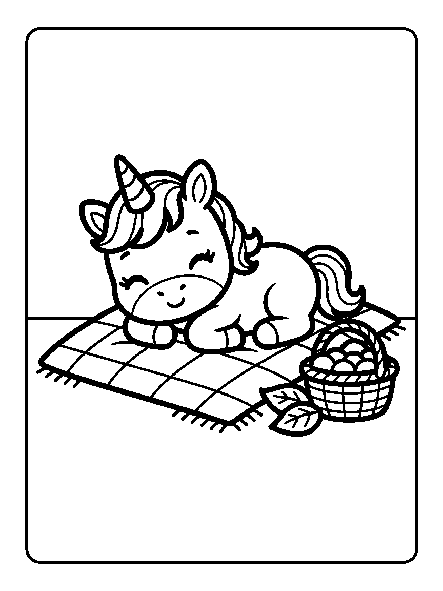 Coloring page of a lying unicorn on a check picnic blanket beside a fruit basket and two leaves