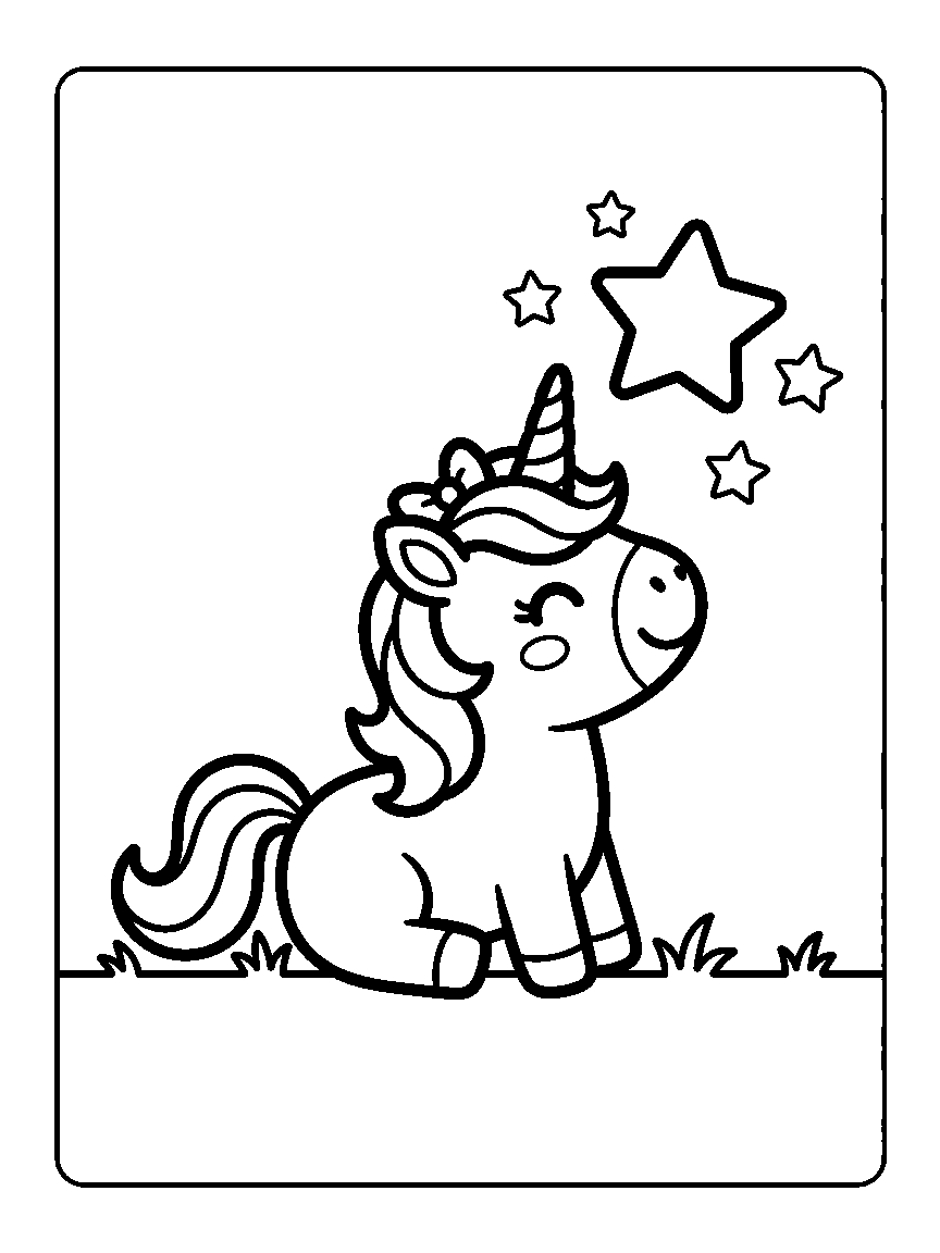 Coloring page of a sitting unicorn looking up at a large star with smaller stars around it