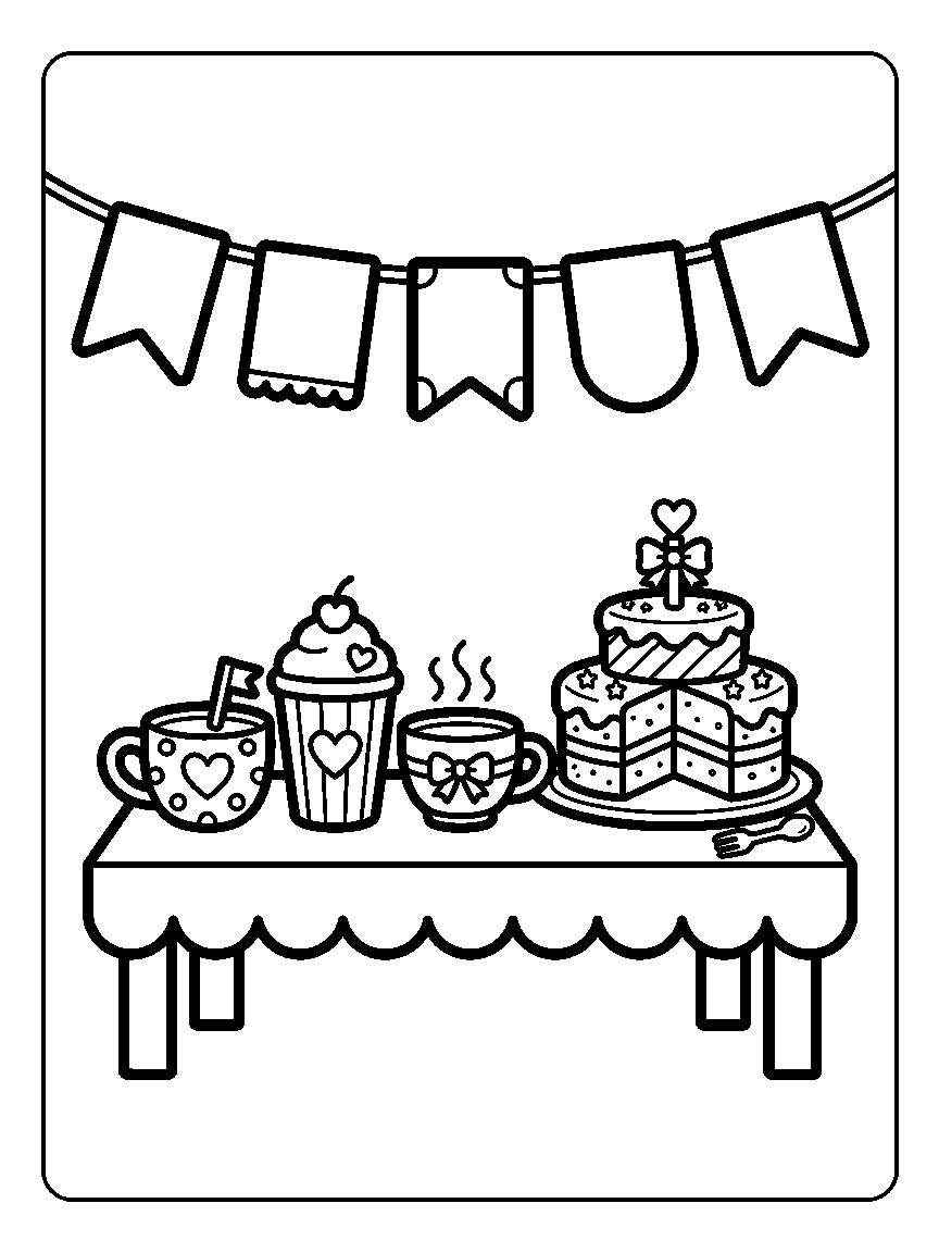 Coloring page of a letter-free pennant banner over a table with cups and a cake