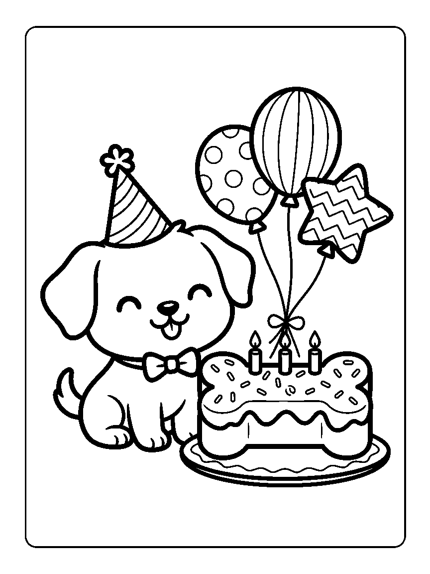 Coloring page of a puppy wearing a party hat beside a birthday cake and balloons