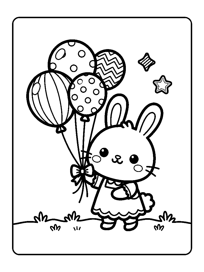 Coloring page of a bunny holding round balloons with a bow and two stars in the air