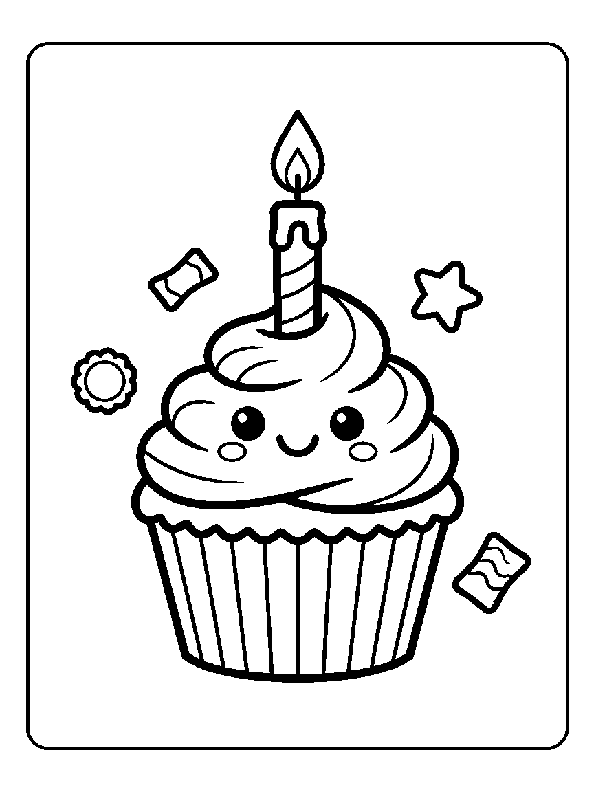 Coloring page of a smiling cupcake with a tall candle and confetti shapes around it