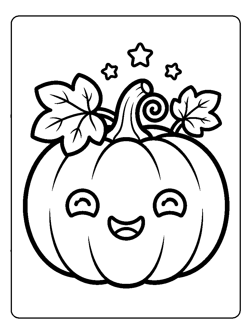 Coloring page of a round smiling pumpkin with a curly stem, two leaves, and three stars above