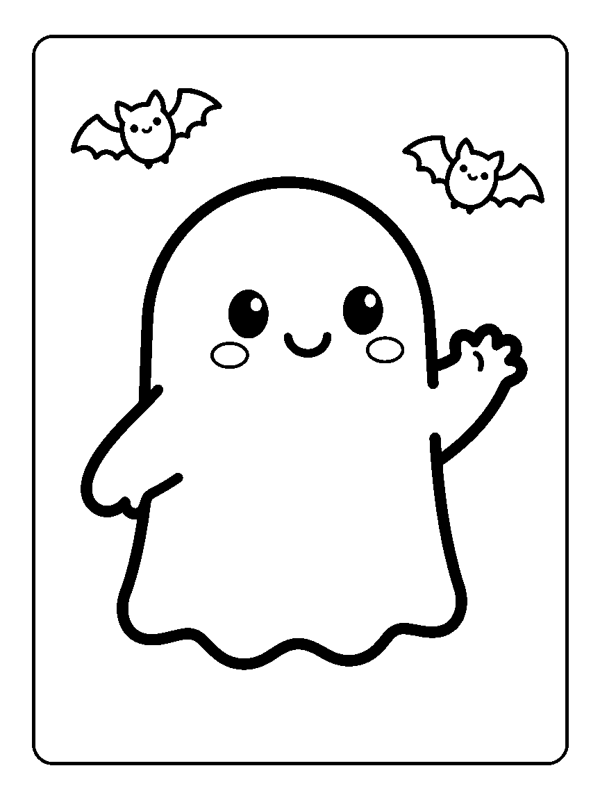 Coloring page of a smiling sheet ghost waving, with two small bats in the upper corners