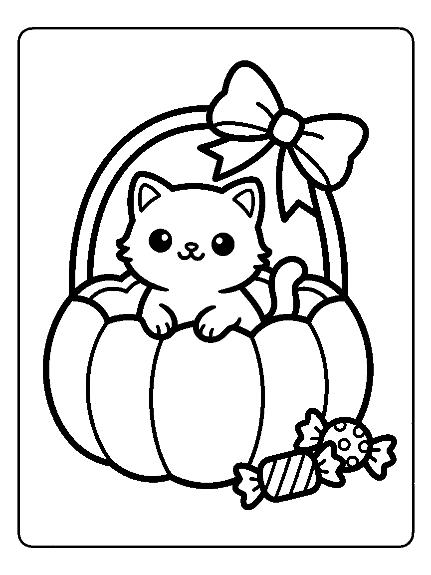 Coloring page of a round cat sitting in a pumpkin-shaped basket with a bow and two wrapped candies