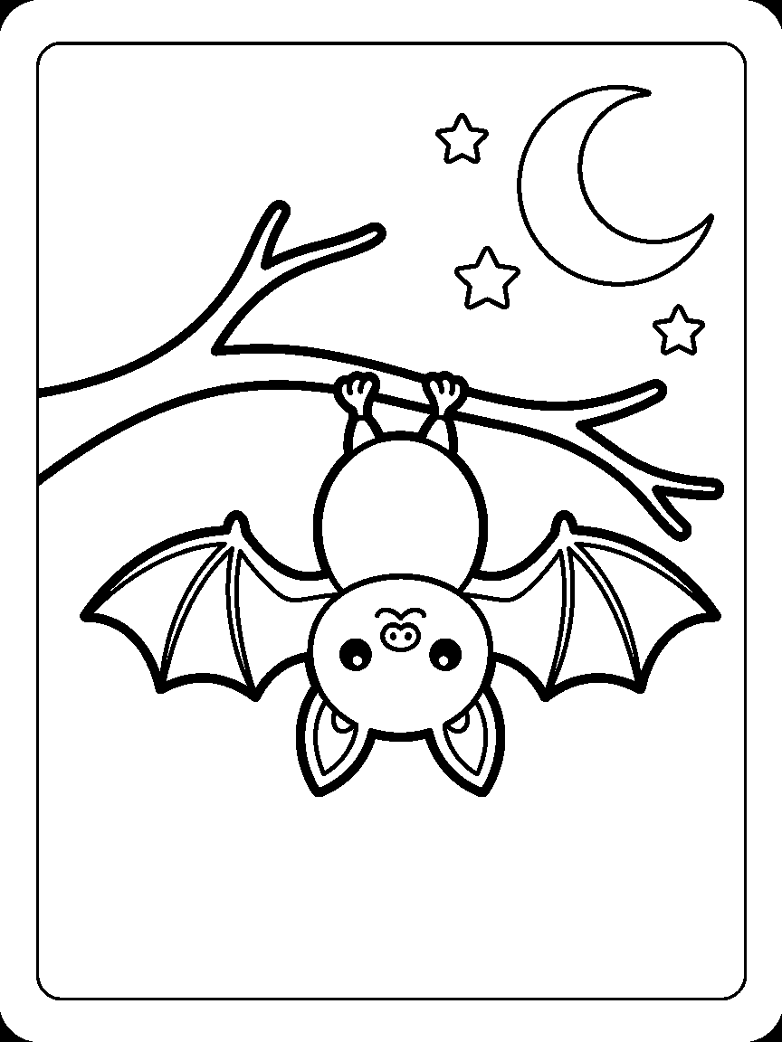 Coloring page of a smiling round bat hanging from a branch with open wings, a crescent moon, and stars