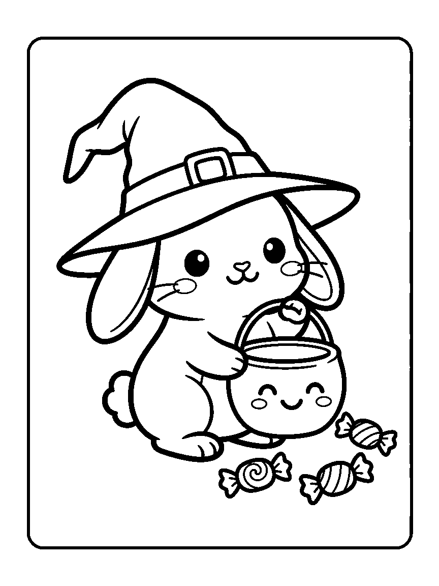 Coloring page of a bunny in a floppy witch hat holding a smiling treat bucket with three wrapped candies