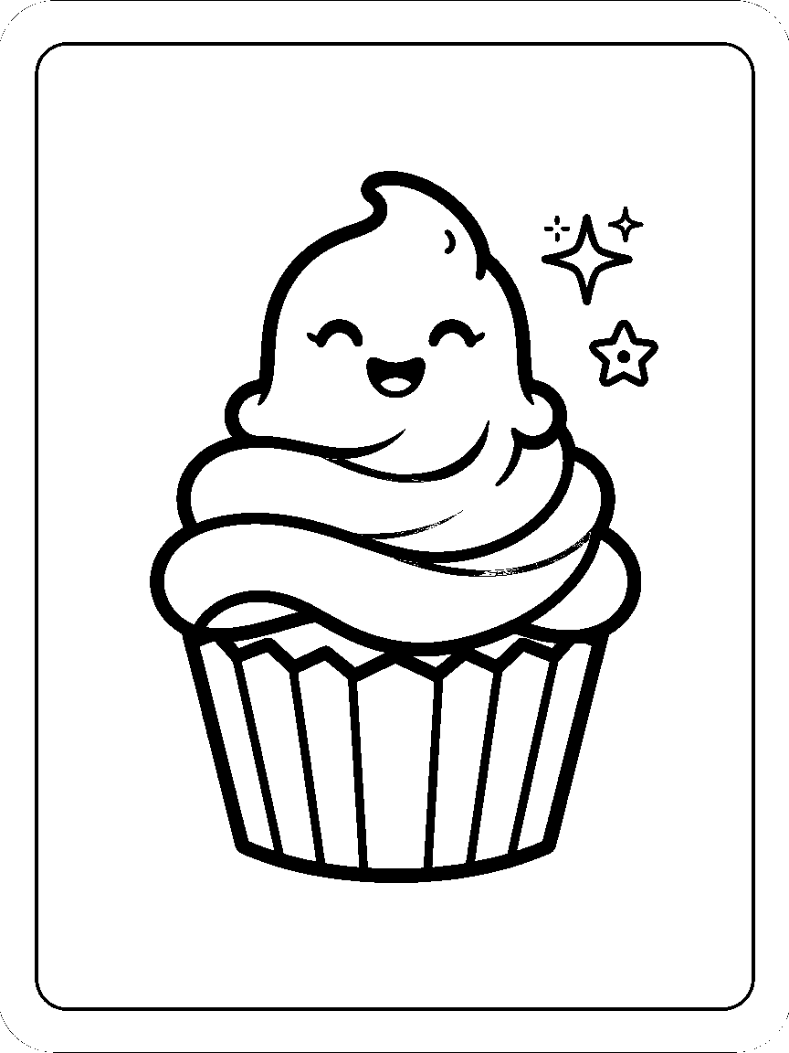 Coloring page of a cupcake with ghost-shaped frosting, a smiling face, a lined paper cup, and sparkles