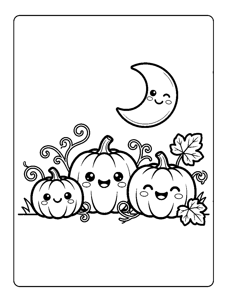 Coloring page of three smiling pumpkins in a row with vines, two leaves, and a smiling crescent moon