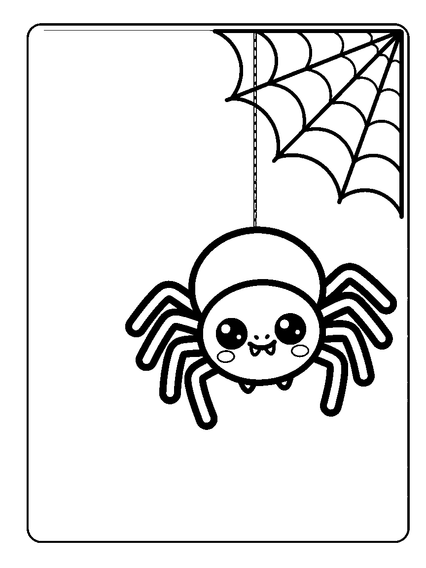 Coloring page of a round smiling spider hanging from a thread under a corner web