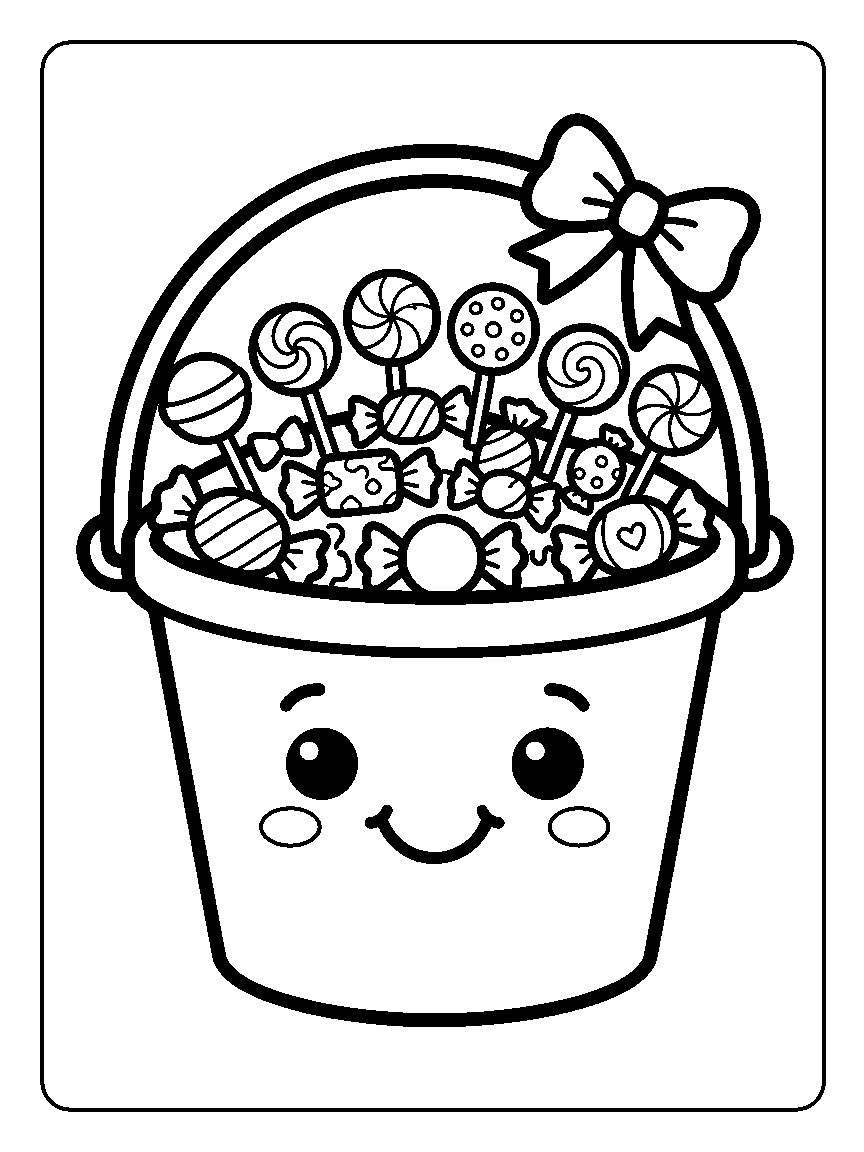 Coloring page of a smiling bucket filled with wrapped candies and lollipops, with a bow on the handle