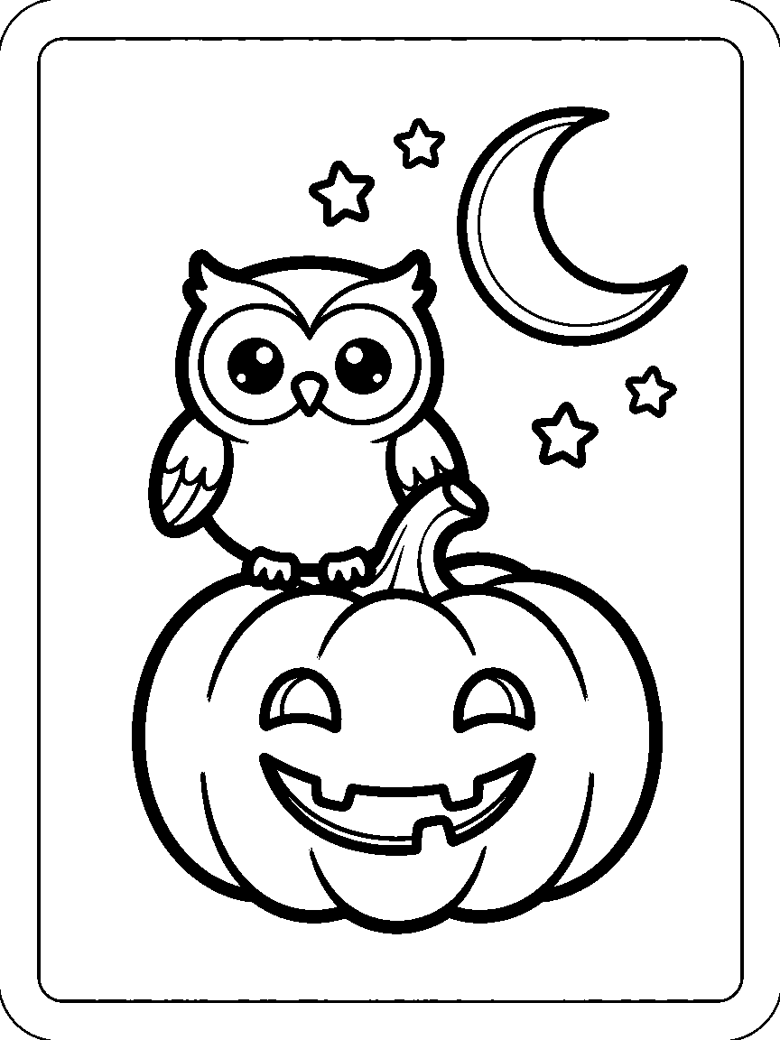 Coloring page of a round owl perched on a smiling pumpkin with a crescent moon and stars