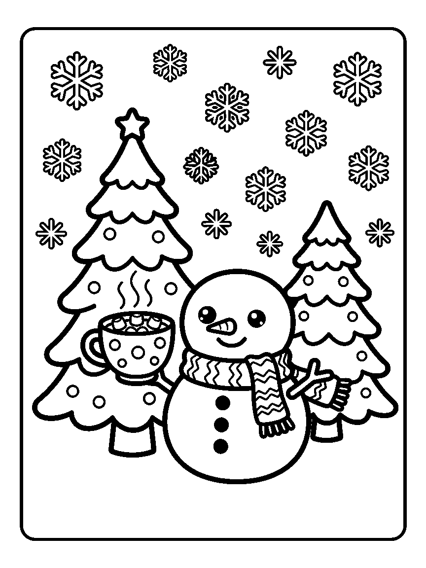 Coloring page of a round snowman with a scarf holding a cocoa cup, two pine trees, and snowflakes