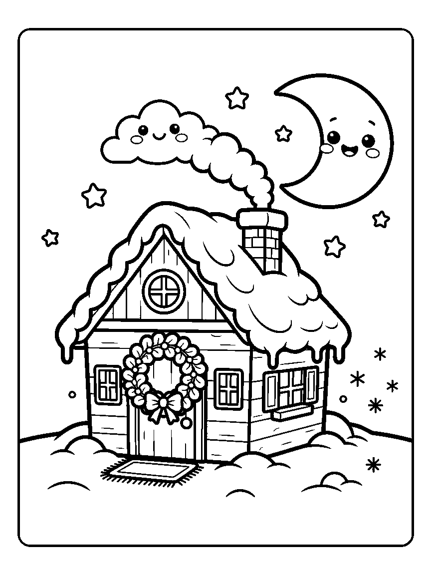 Coloring page of a snow-capped cottage with a smoking chimney, wreath on the door, and a moon