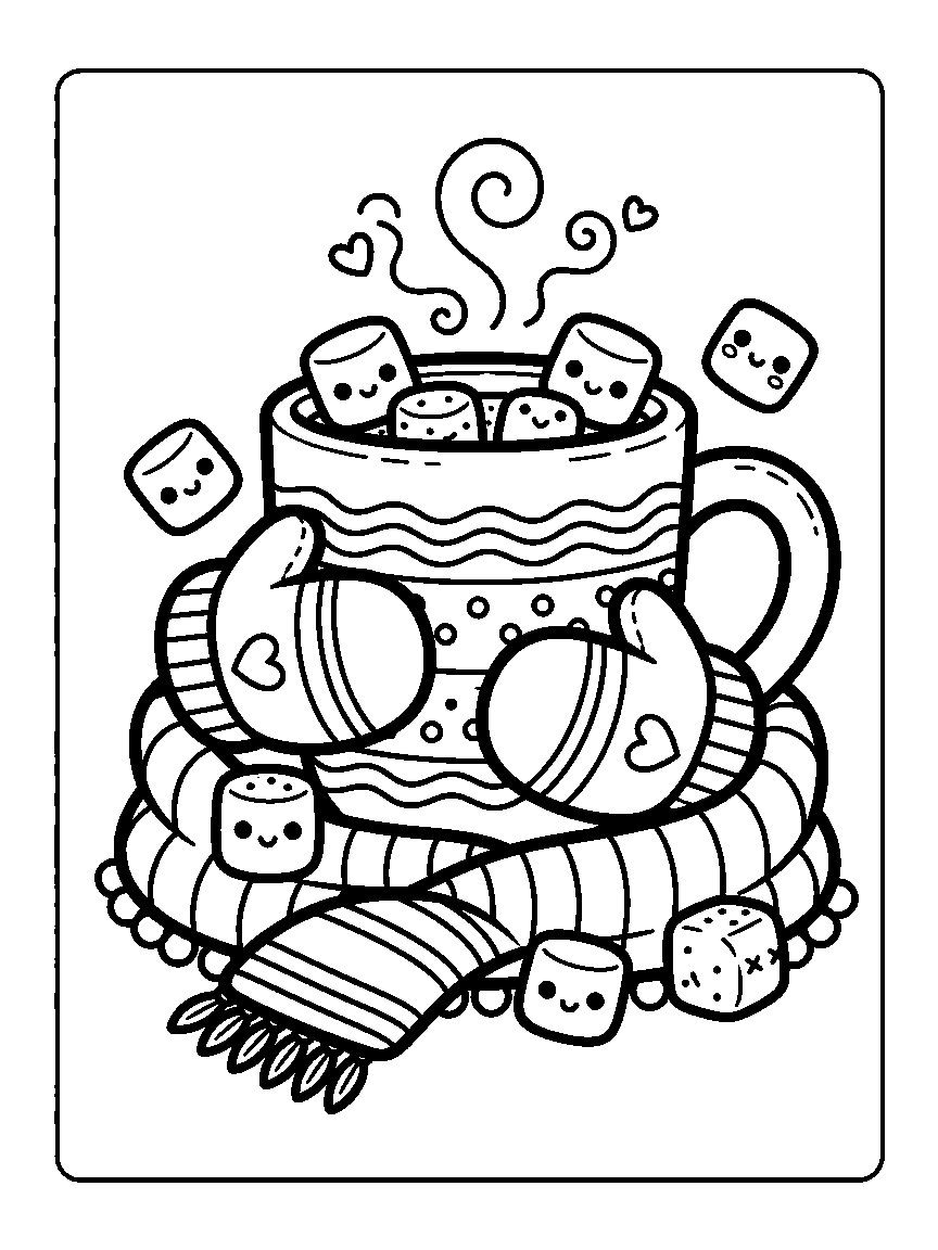 Coloring page of oversized mittens hugging a cocoa mug with marshmallows and a coiled scarf