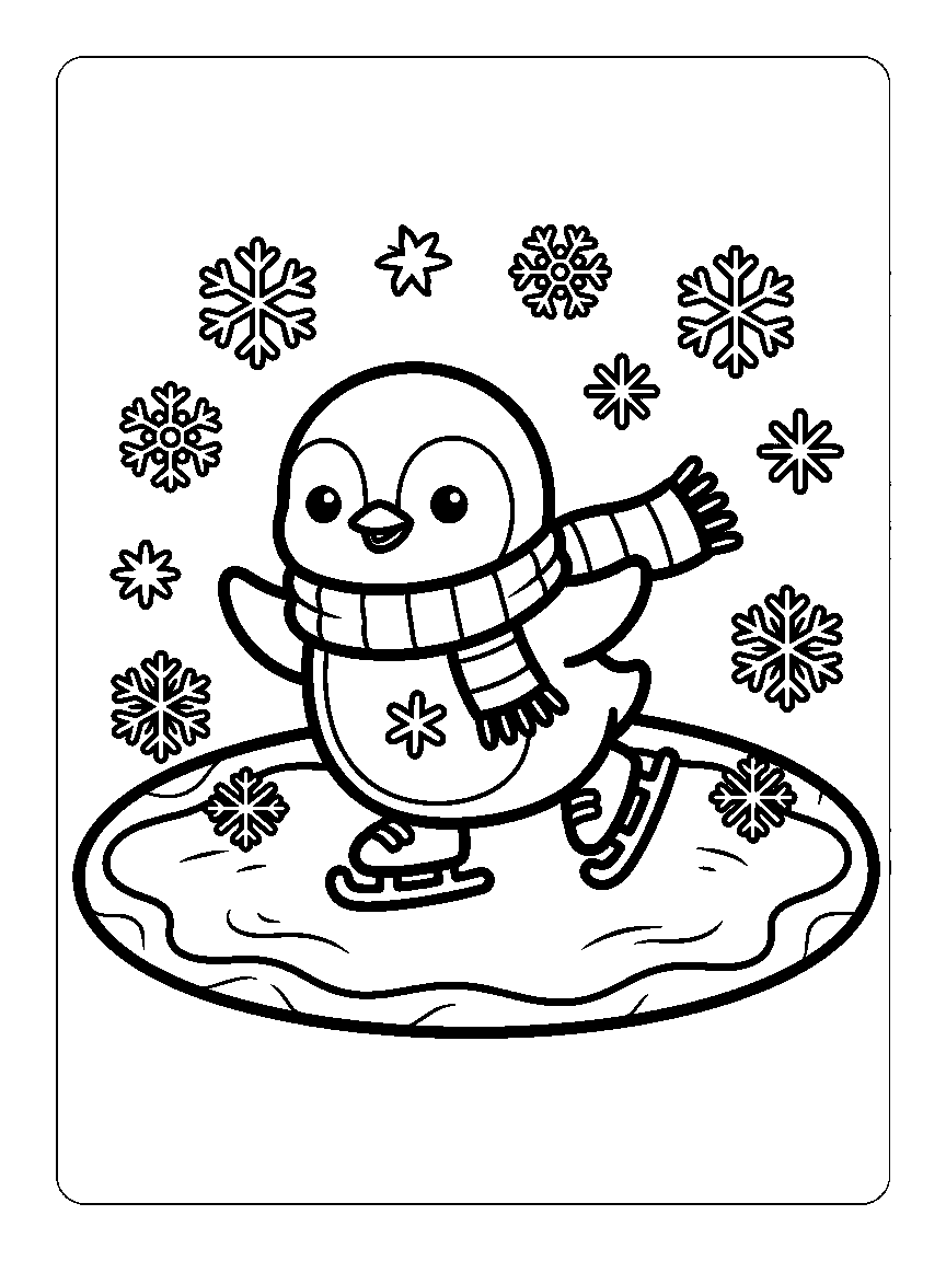 Coloring page of a penguin on skates on a pond oval with a scarf and snowflakes