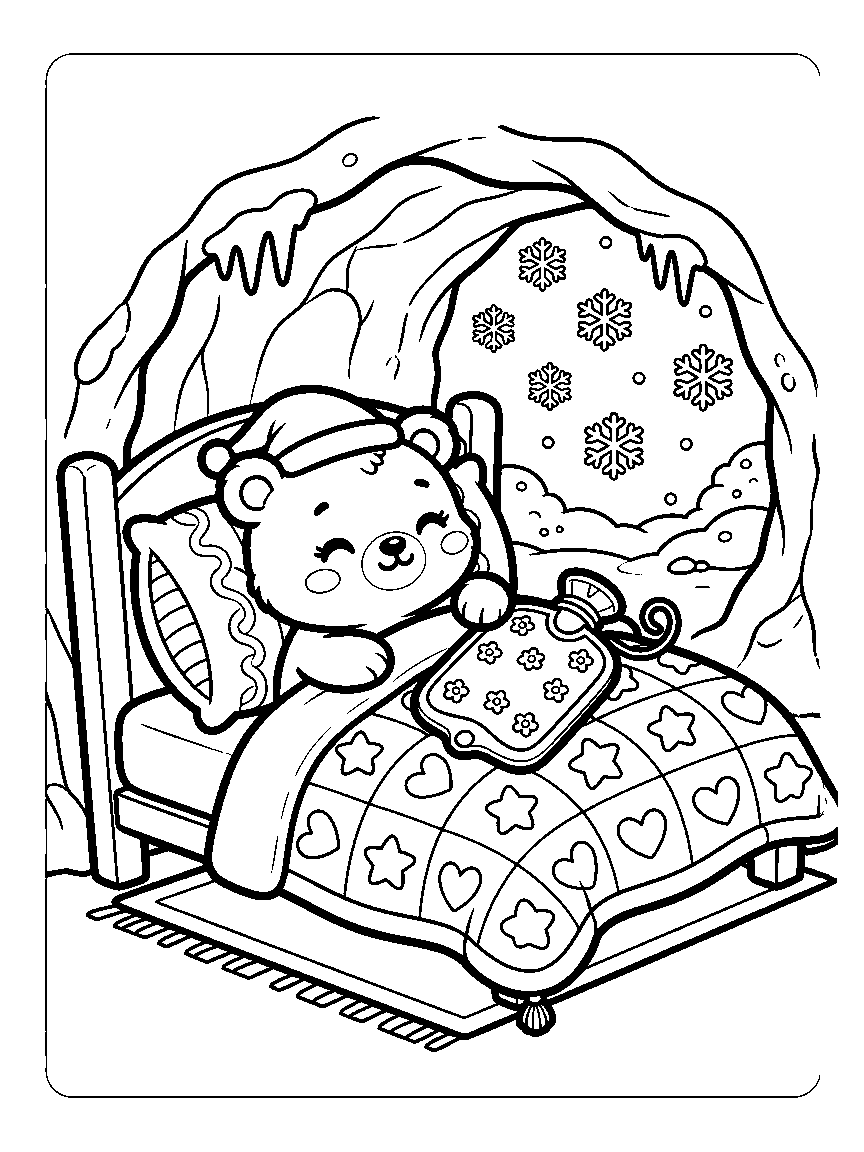 Coloring page of a bear in a cave bed with a quilt, snow outside the cave