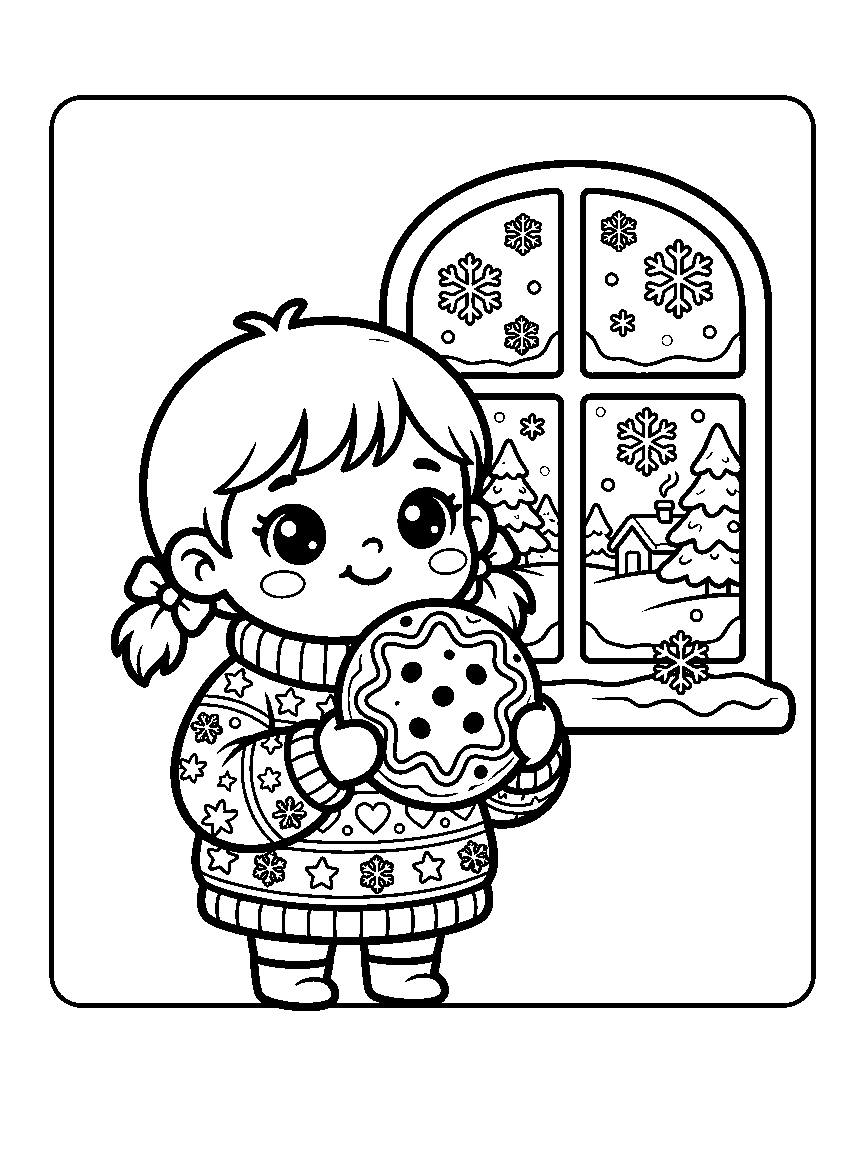 Coloring page of a child in a huge sweater holding a cookie beside a snow window