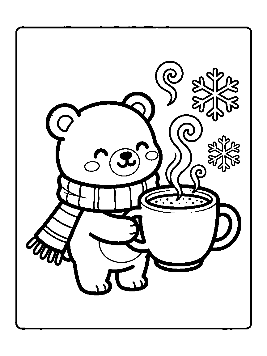 Coloring page of a scarfed bear holding a steaming mug with two snowflakes beside it