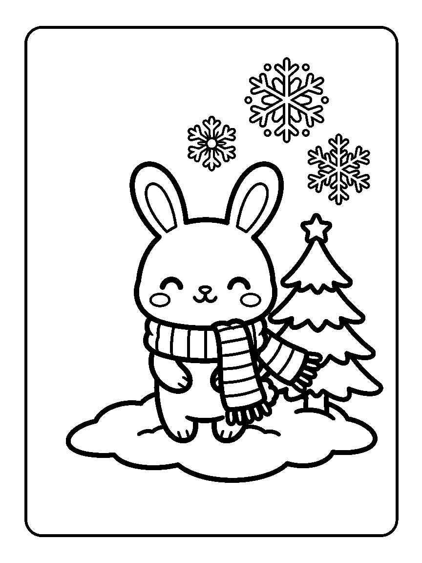 Coloring page of a scarfed bunny in a snow mound with a pine tree and three snowflakes