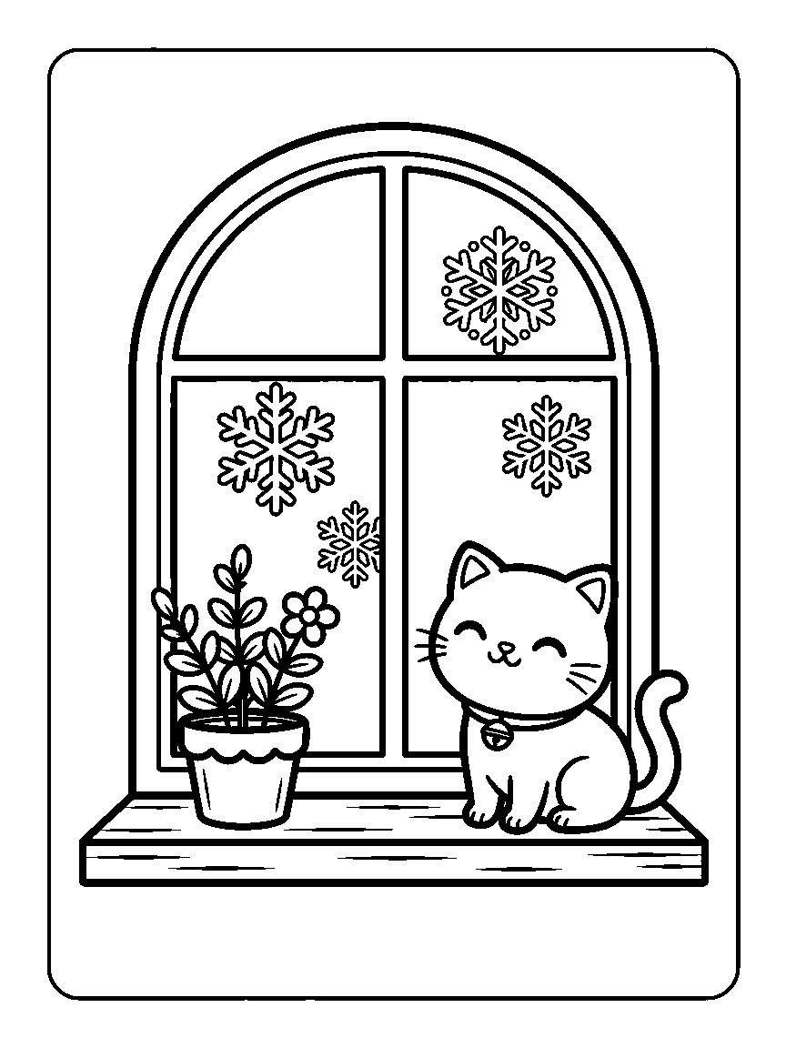 Coloring page of a cat on a window sill beside a potted plant with snowflakes on the glass