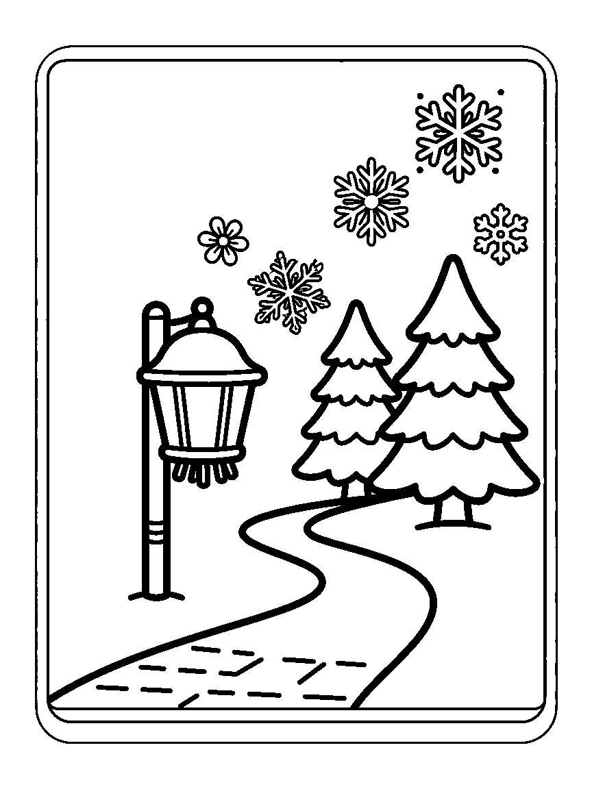 Coloring page of a lantern on a post beside a winding path with two pine trees and snowflakes
