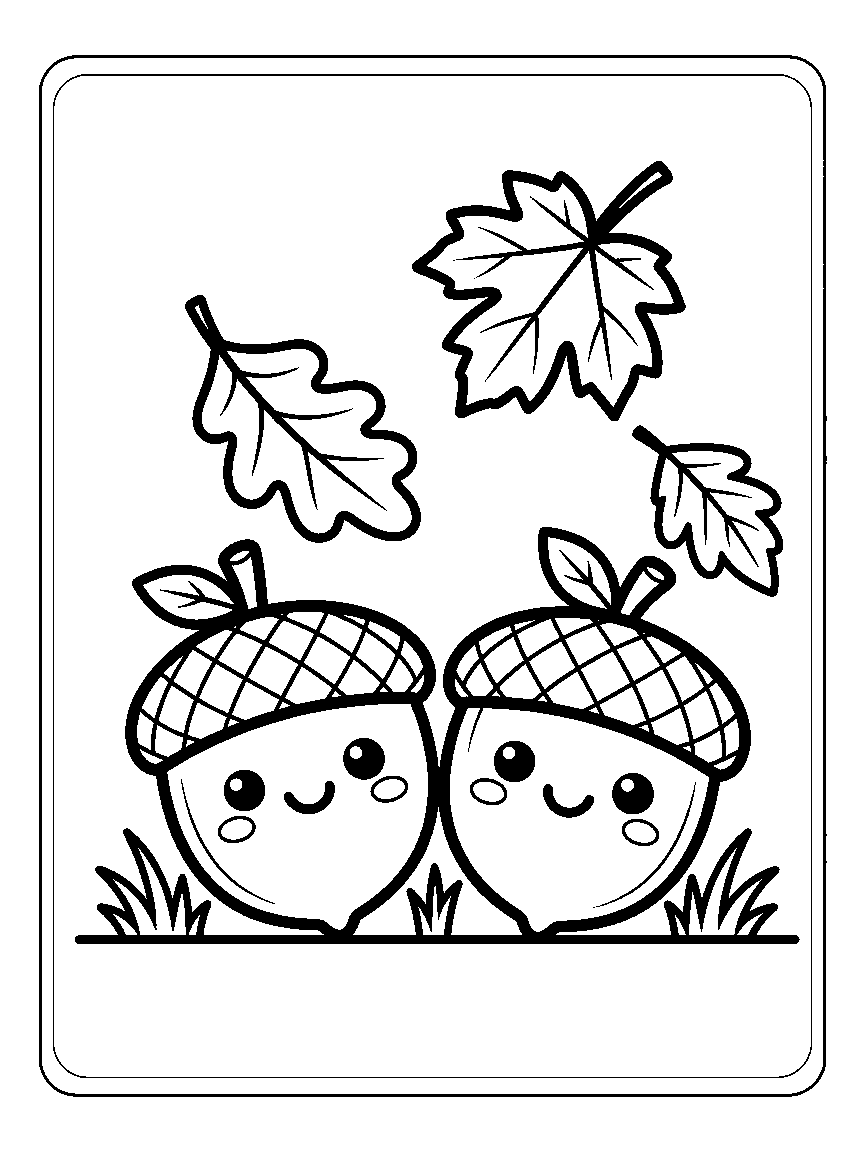 Coloring page of two smiling acorns with caps sitting on a ground line with three falling leaves