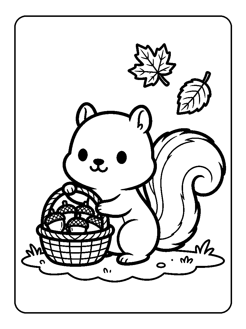 Coloring page of a squirrel holding a woven acorn basket with two falling leaves