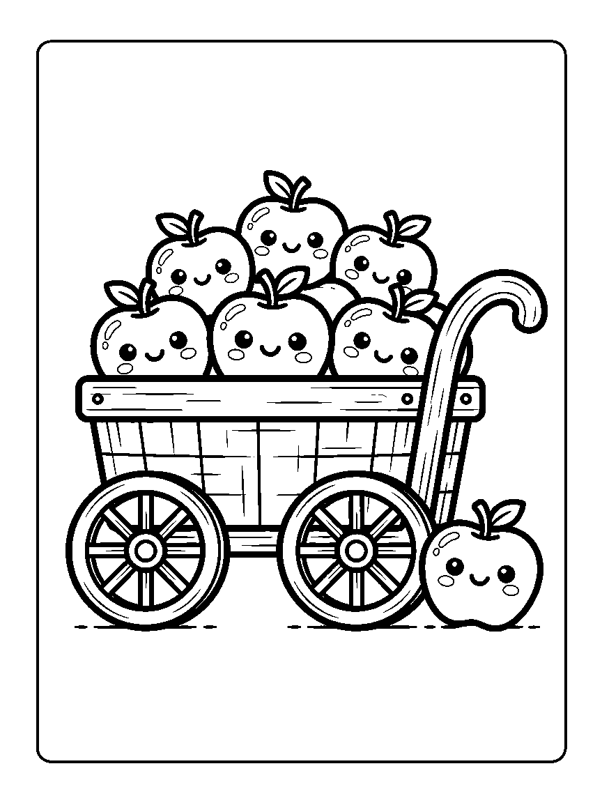 Coloring page of a wooden cart with two wheels filled with smiling apples and one apple on the ground