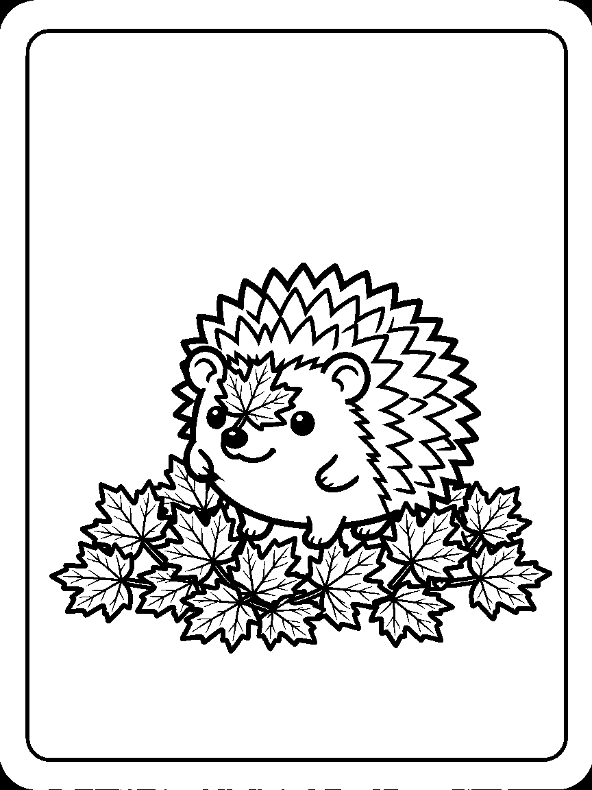 Coloring page of a round hedgehog in a pile of maple leaves with one leaf on its face