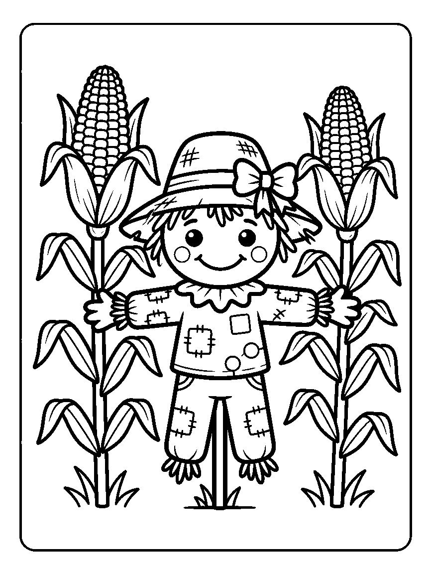 Coloring page of a smiling scarecrow with a wide-brim hat and patched clothes between two corn stalks