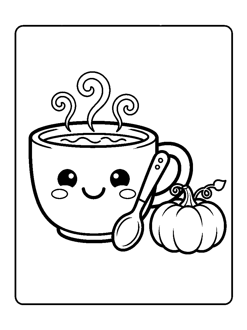 Coloring page of a smiling soup mug with steam curls, a spoon, and a small uncarved pumpkin