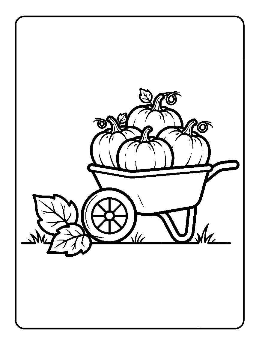 Coloring page of a wheelbarrow with a spoked wheel filled with uncarved pumpkins beside two leaves