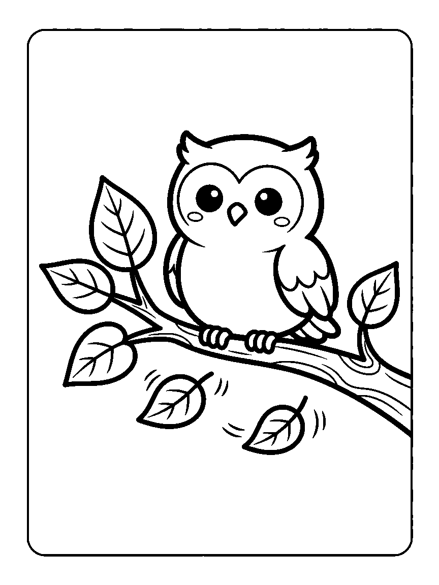 Coloring page of a round owl perched on a curved branch with leaves on the branch and two falling