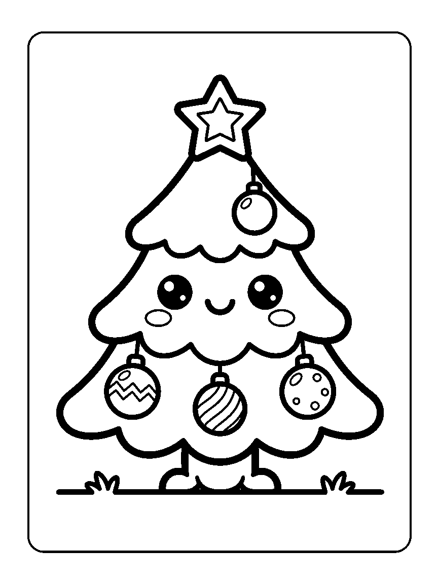 Coloring page of a smiling Christmas tree with a star on top, four round ornaments, and little feet on a ground line