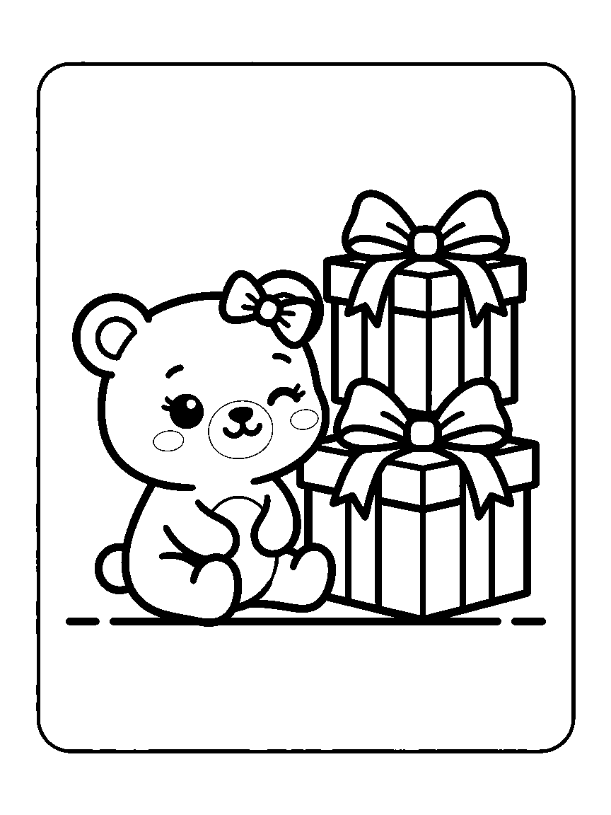 Coloring page of a winking bear with an ear bow beside two stacked gift boxes