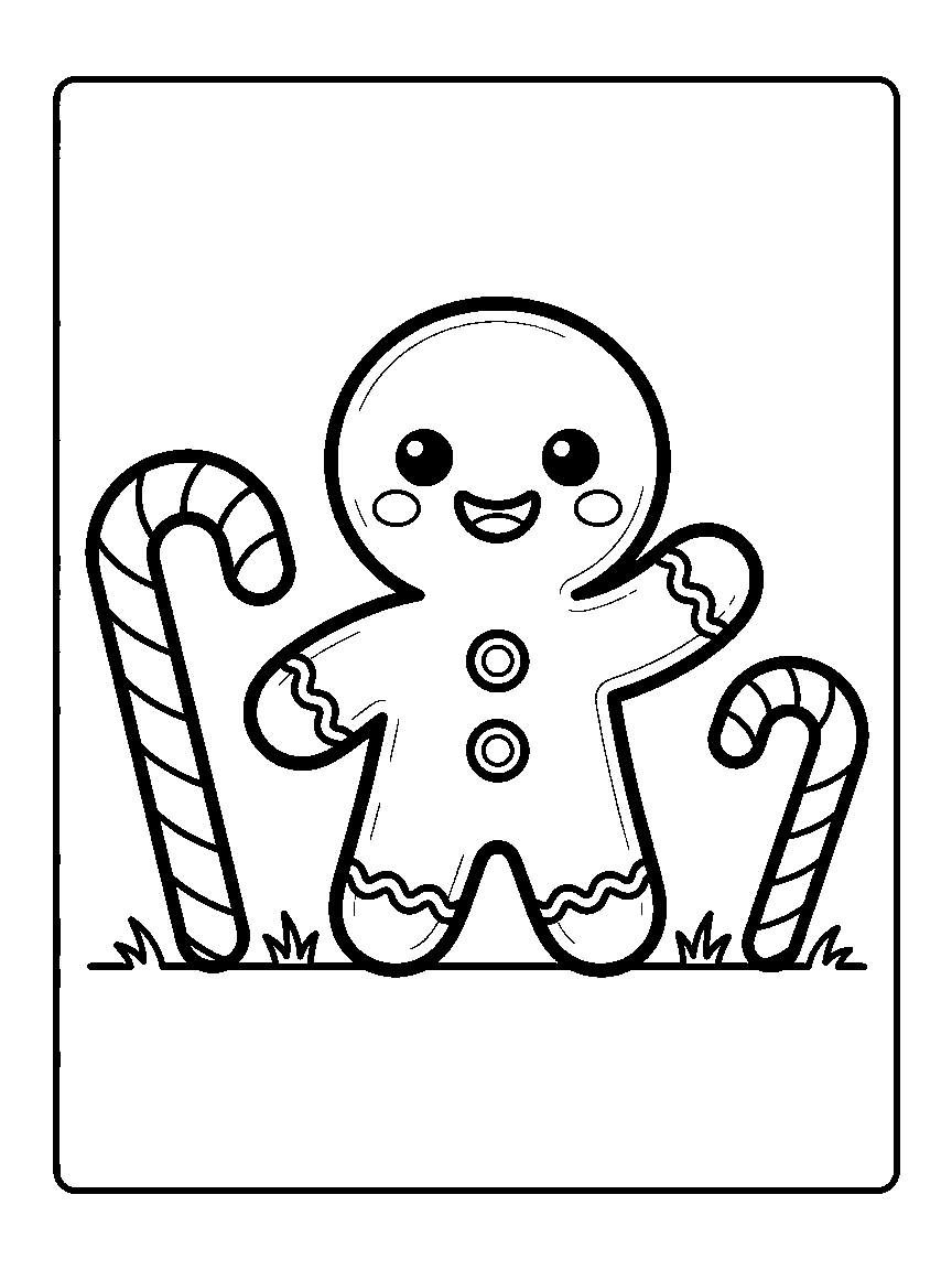 Coloring page of a smiling gingerbread person with two candy canes on a ground line