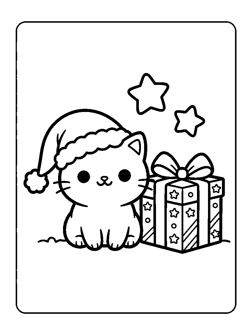 Coloring page of a round cat in a santa hat sitting beside a wrapped gift and two stars