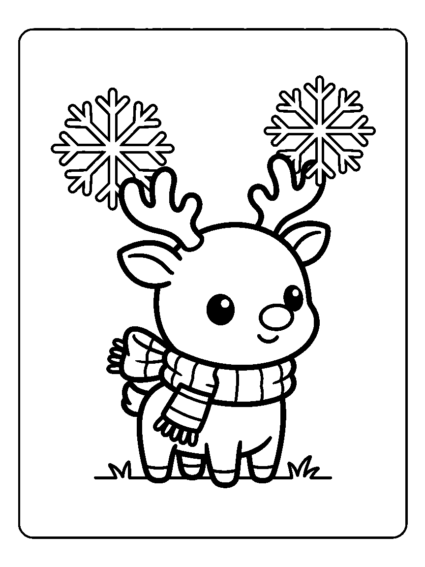 Coloring page of a chibi reindeer in a scarf with two snowflakes and a plain round nose