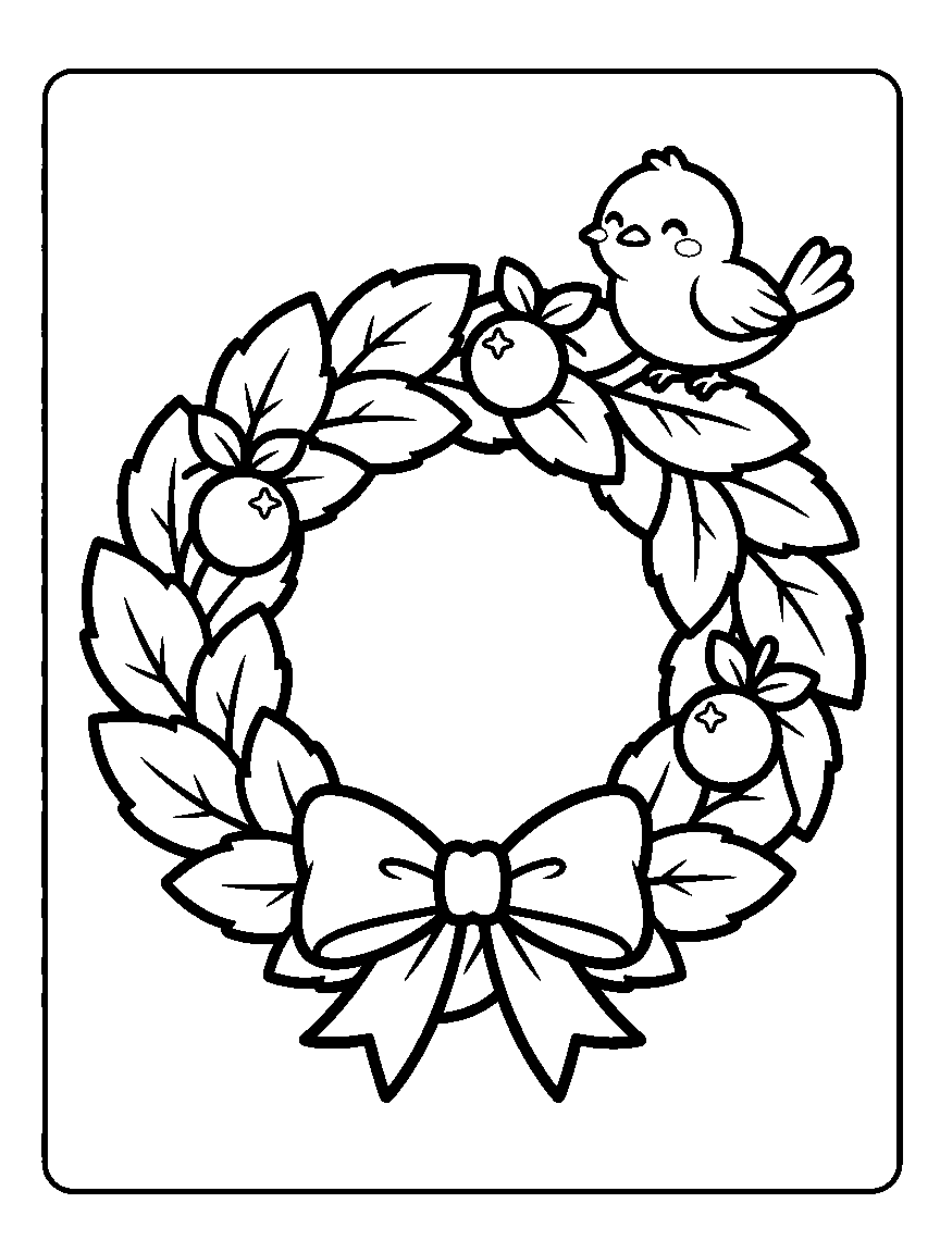 Coloring page of a leaf wreath with a bow, three berries, and a small bird on the rim