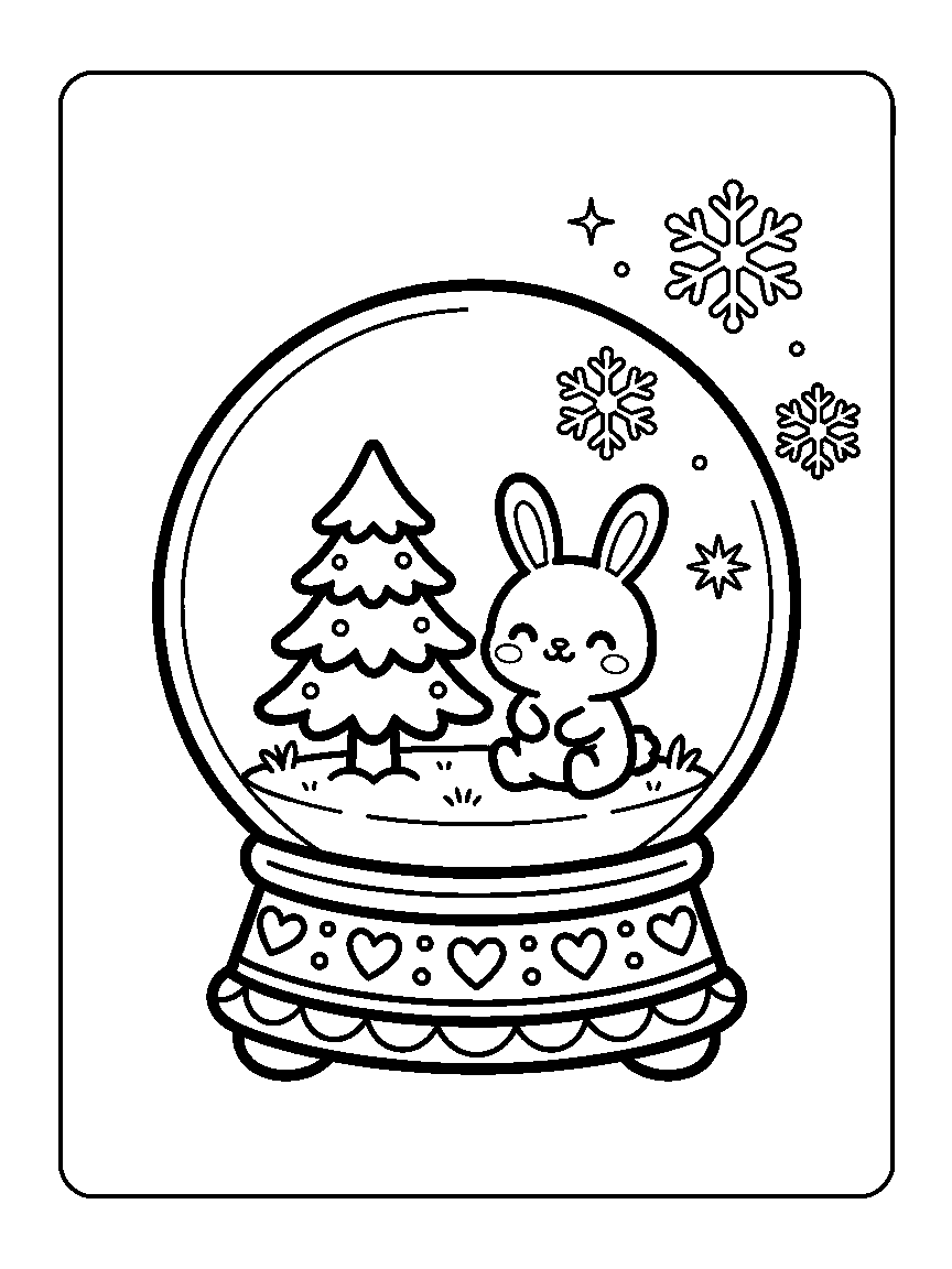 Coloring page of a snow globe with a pine tree and bunny inside and snowflakes around it