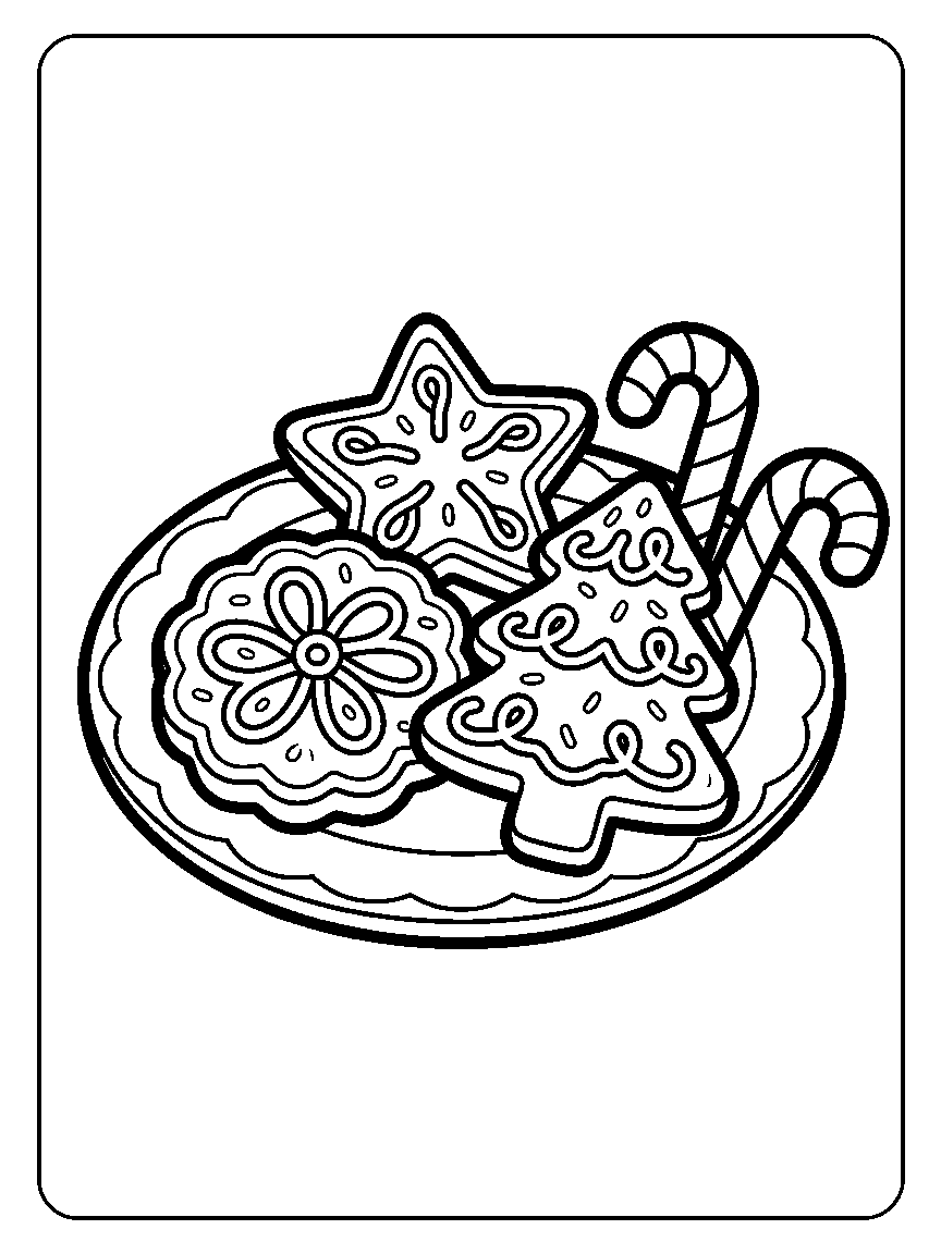 Coloring page of a plate with star, tree, and round cookies plus two candy canes